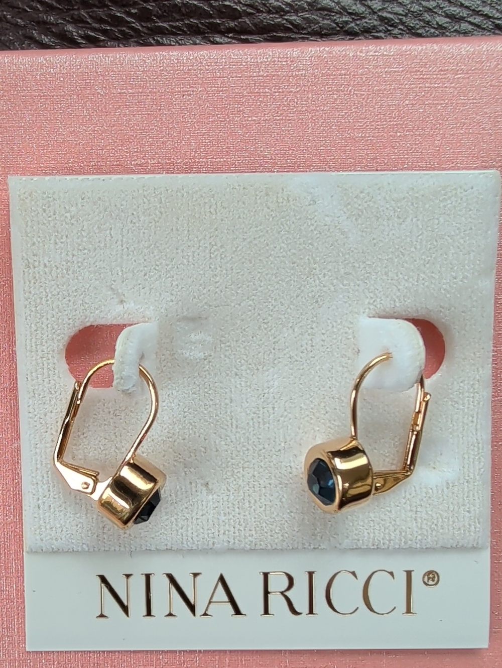 Nina Ricci Gold Plated Drop Earrings with Dark Blue Swarovski Crystals New